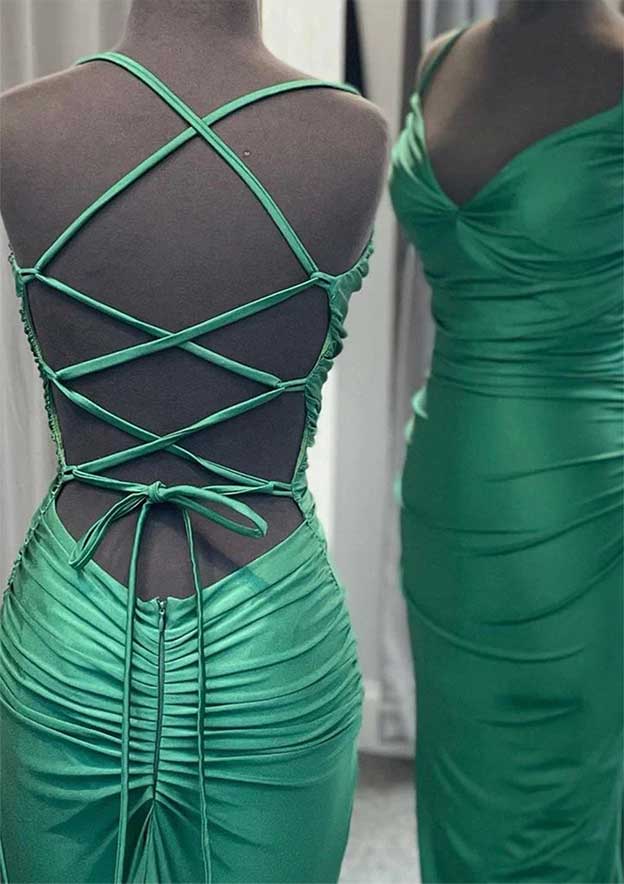 Vestido de fiesta de jersey con escote en V, sin mangas, corte trompeta/sirena y cola larga, plisado